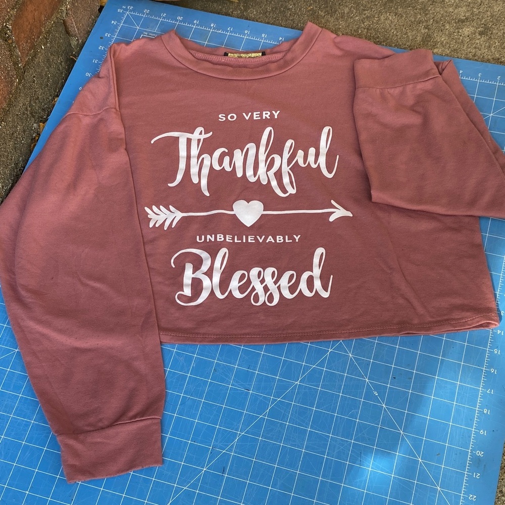 Pink Cropped Sweatshirt with Thankful Blessed Print